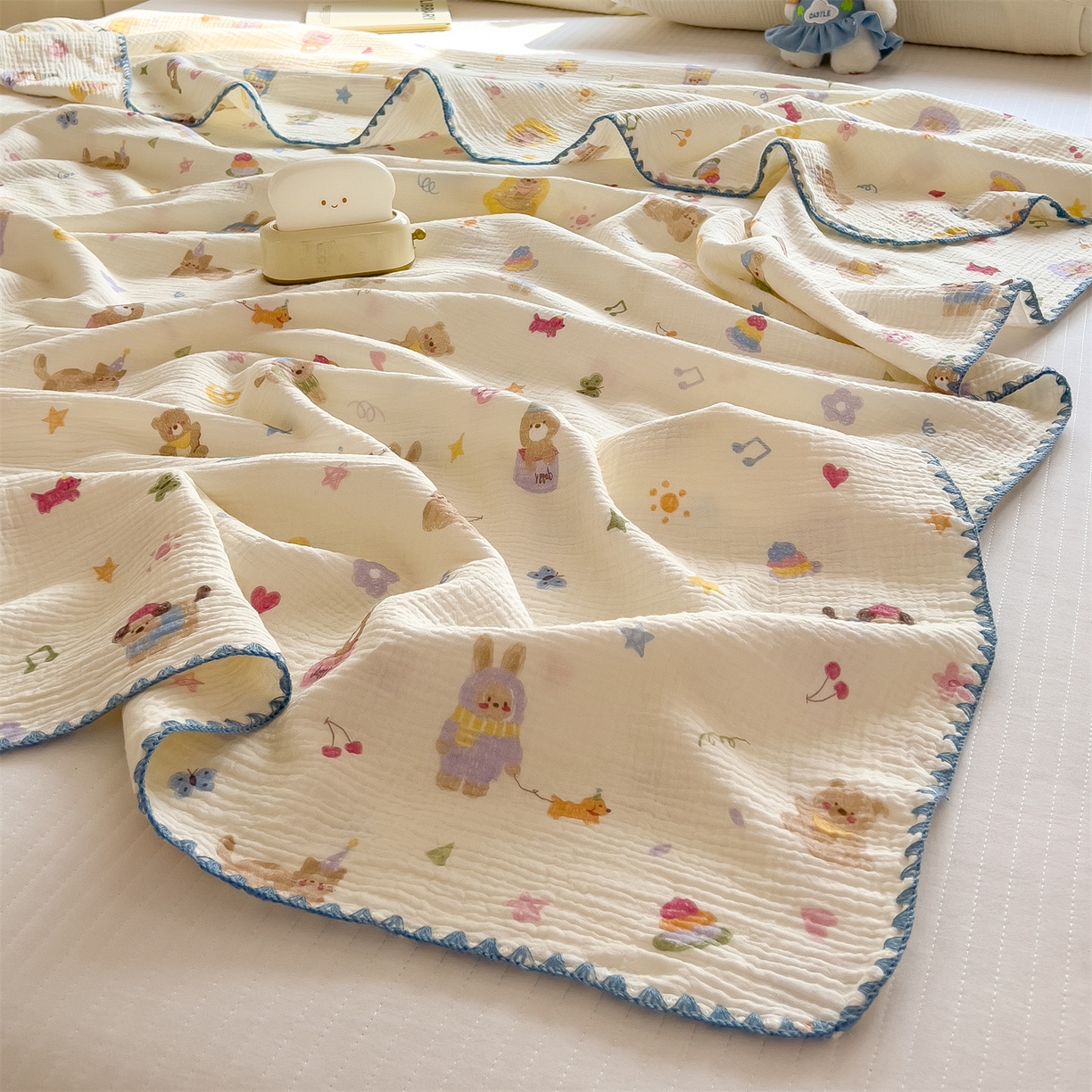 91家纺网 家纺一手货源 找家纺 布凡家居 2026新款全棉纯棉双层纱布毯夏被毯盖毯双层纱浴巾毯 皱皱纱-音乐小狗