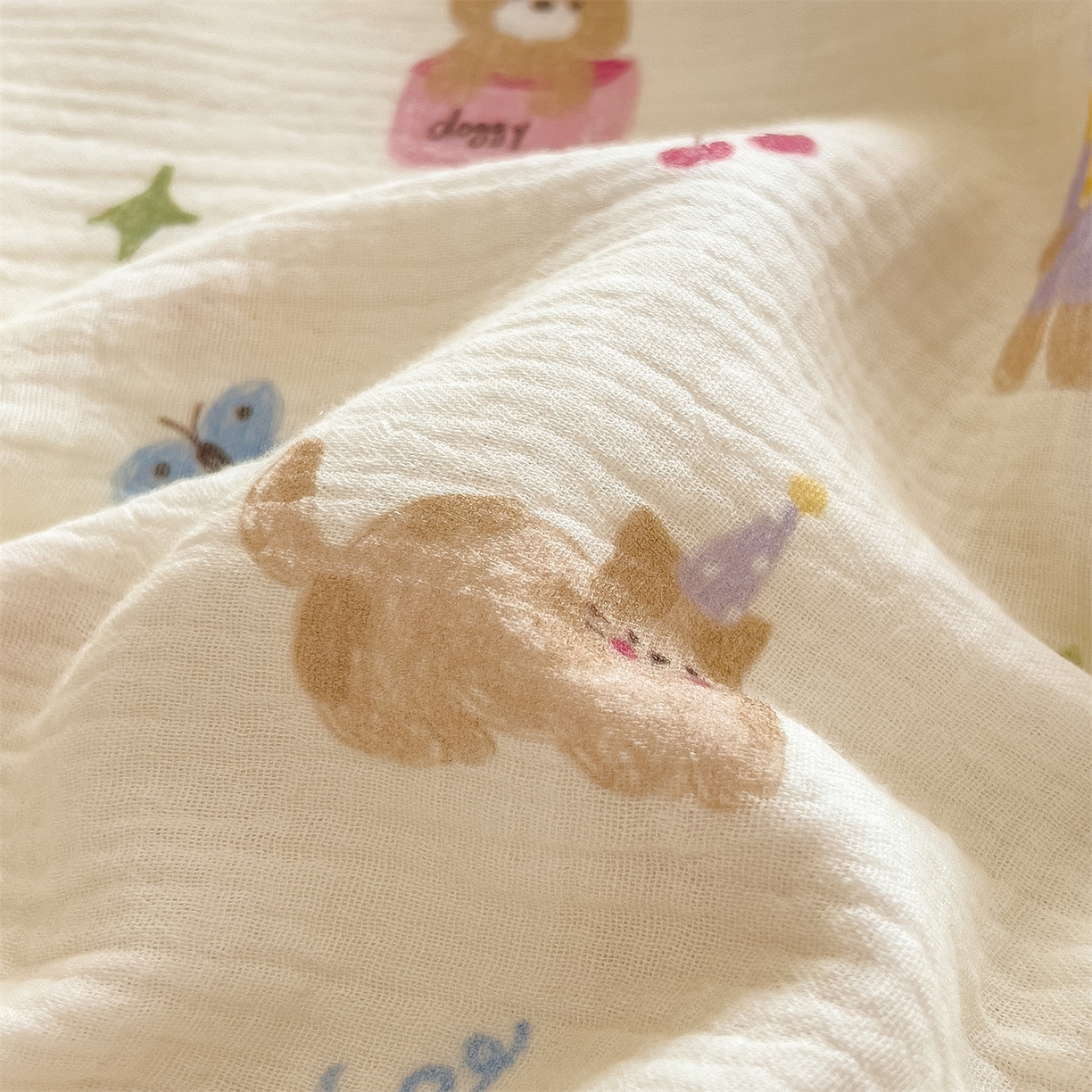 91家纺网 家纺一手货源 找家纺 布凡家居 2026新款全棉纯棉双层纱布毯夏被毯盖毯双层纱浴巾毯 皱皱纱-音乐小狗