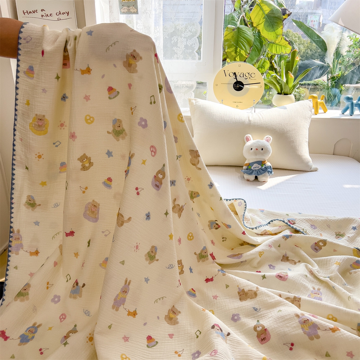 91家纺网 家纺一手货源 找家纺 布凡家居 2026新款全棉纯棉双层纱布毯夏被毯盖毯双层纱浴巾毯 皱皱纱-音乐小狗