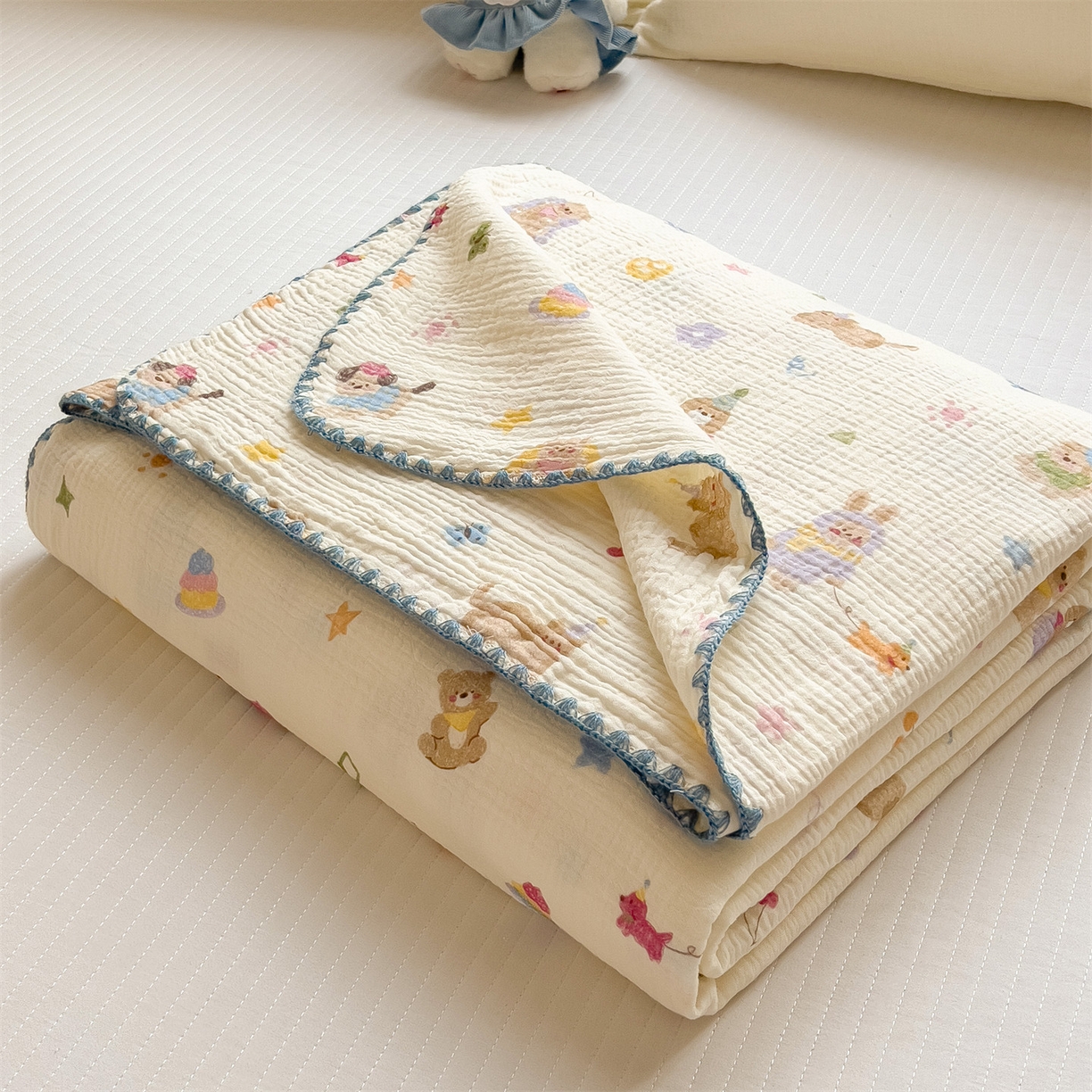 91家纺网 家纺一手货源 找家纺 布凡家居 2026新款全棉纯棉双层纱布毯夏被毯盖毯双层纱浴巾毯 皱皱纱-音乐小狗