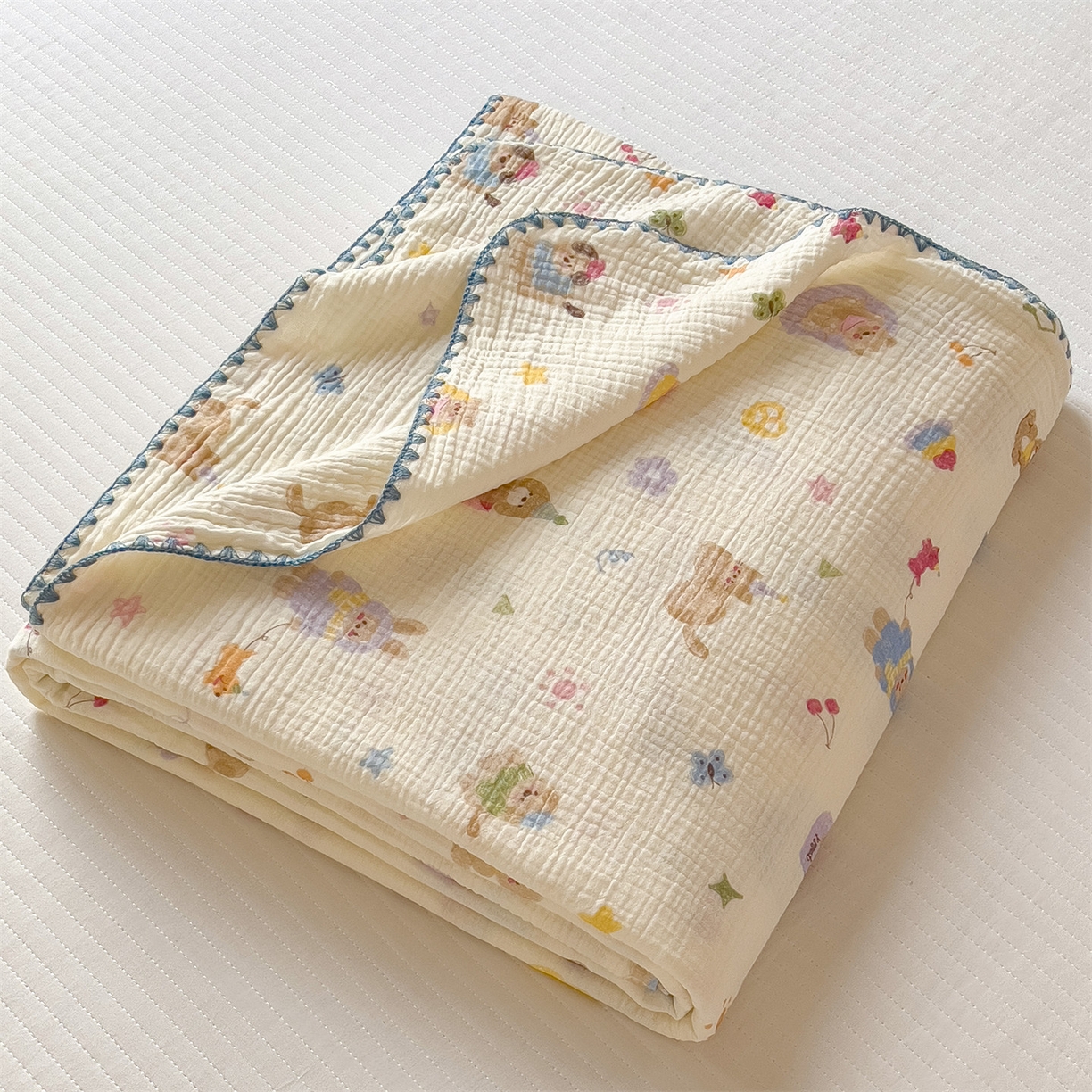 91家纺网 家纺一手货源 找家纺 布凡家居 2026新款全棉纯棉双层纱布毯夏被毯盖毯双层纱浴巾毯 皱皱纱-音乐小狗