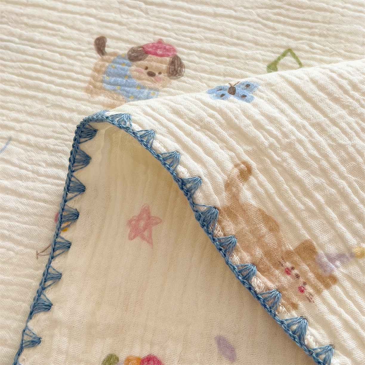 91家纺网 家纺一手货源 找家纺 布凡家居 2026新款全棉纯棉双层纱布毯夏被毯盖毯双层纱浴巾毯 皱皱纱-音乐小狗