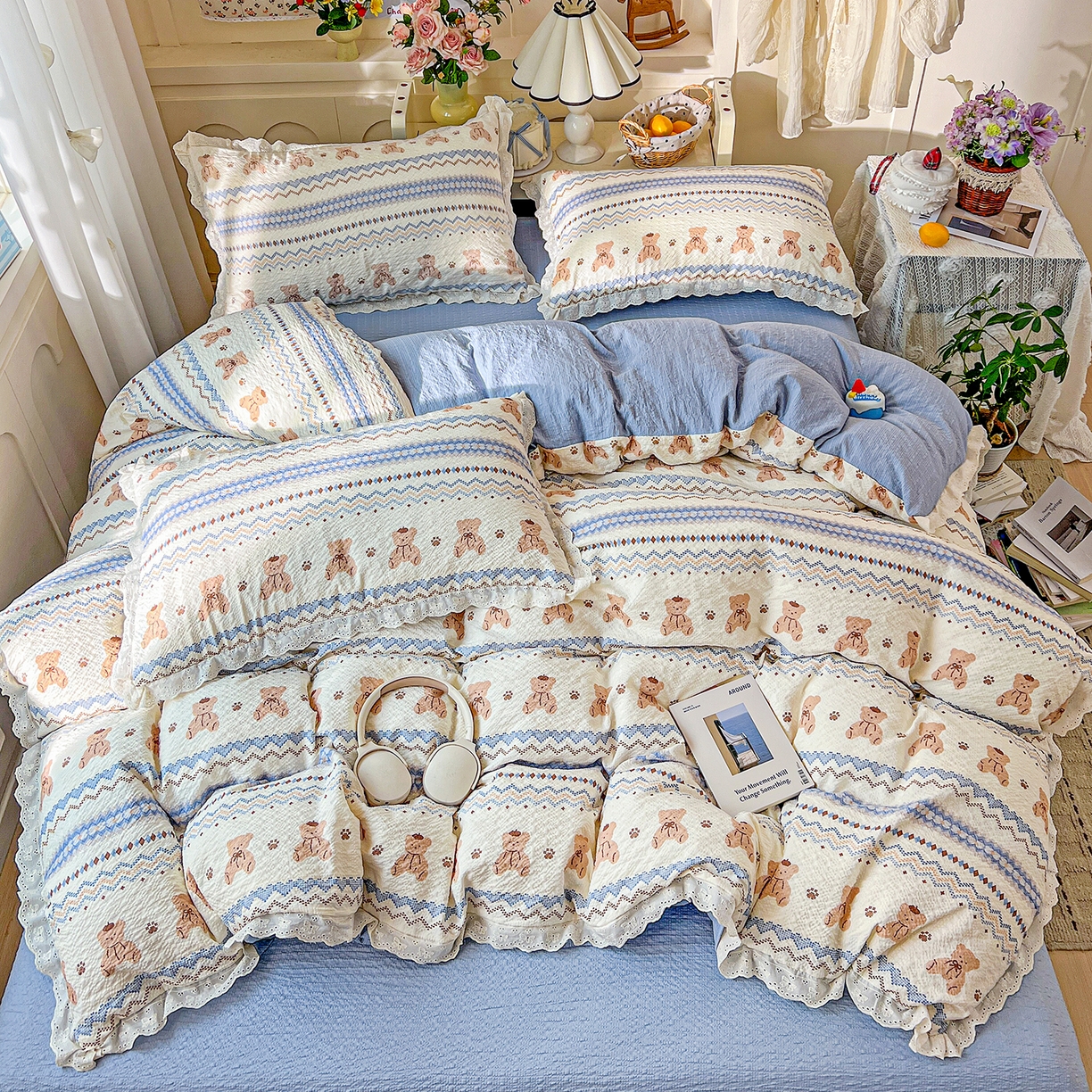 91家纺网 家纺一手货源 找家纺 一比一家纺 2026新款泡芙纱花边四件套 萌趣小熊