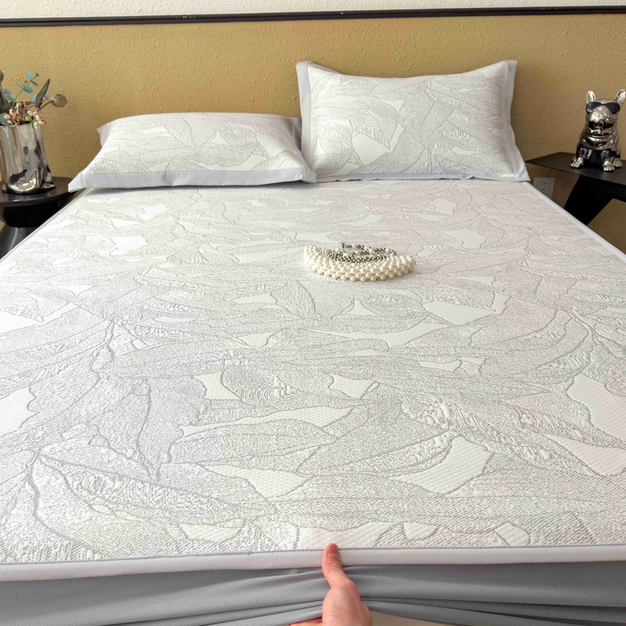 91家纺网 家纺一手货源 找家纺 孩子王家纺 2026春夏新款凉感过0.21夏天家用软席子可机洗空调席夏季高端华夫格凉席三件套 家大叶大-天空蓝 床笠款