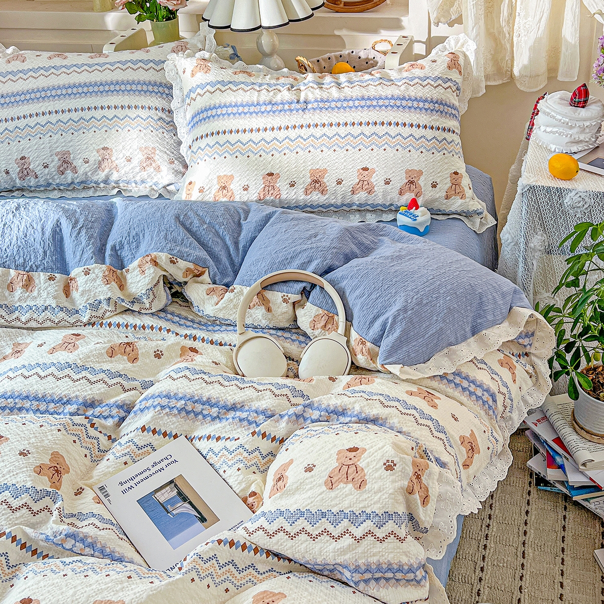 91家纺网 家纺一手货源 找家纺 一比一家纺 2026新款泡芙纱花边四件套 萌趣小熊