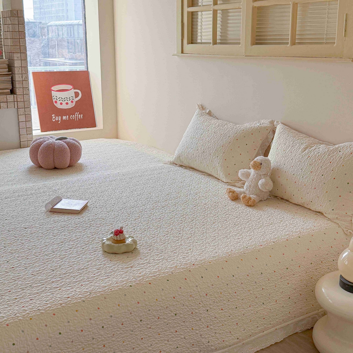 91家纺网 家纺一手货源 找家纺 乐野家居 2026新款支持定制法式花边纯棉榻榻米三件套全棉有氧双层纱床盖三件套四季通用 波点童话