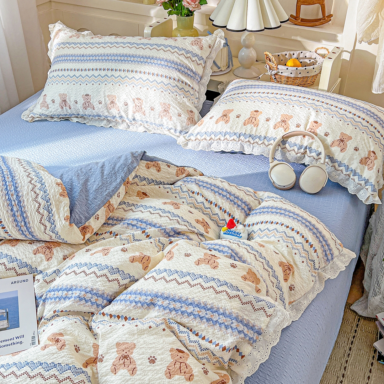 91家纺网 家纺一手货源 找家纺 一比一家纺 2026新款泡芙纱花边四件套 萌趣小熊