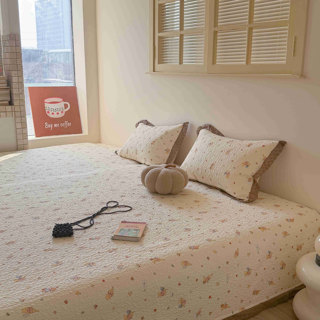 91家纺网 家纺一手货源 找家纺 乐野家居 2026新款支持定制法式花边纯棉榻榻米三件套全棉有氧双层纱床盖三件套四季通用 可爱星人