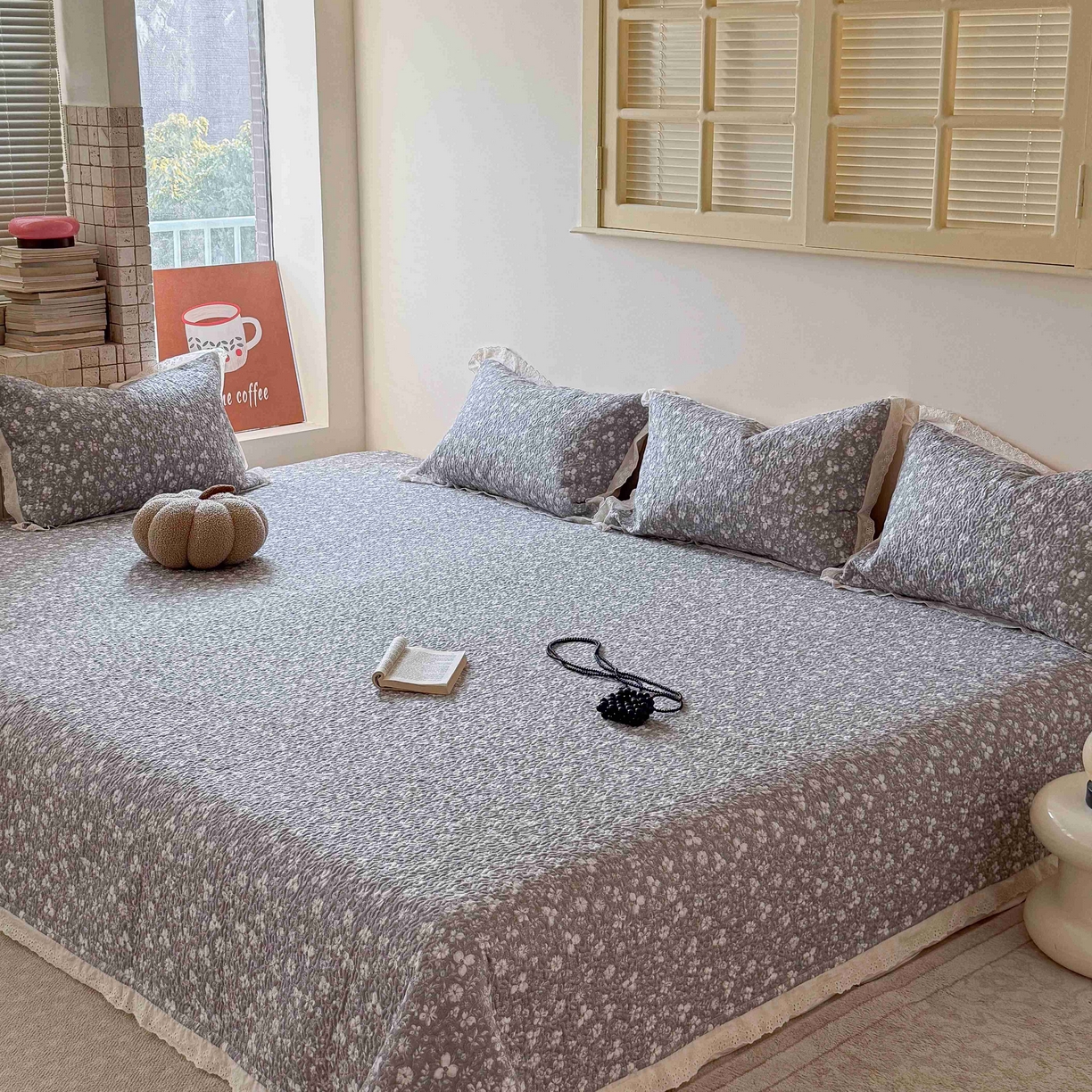 乐野家居 2026新款支持定制法式花边纯棉榻榻米三件套全棉有氧双层纱床盖三件套四季通用 塞纳暮烟