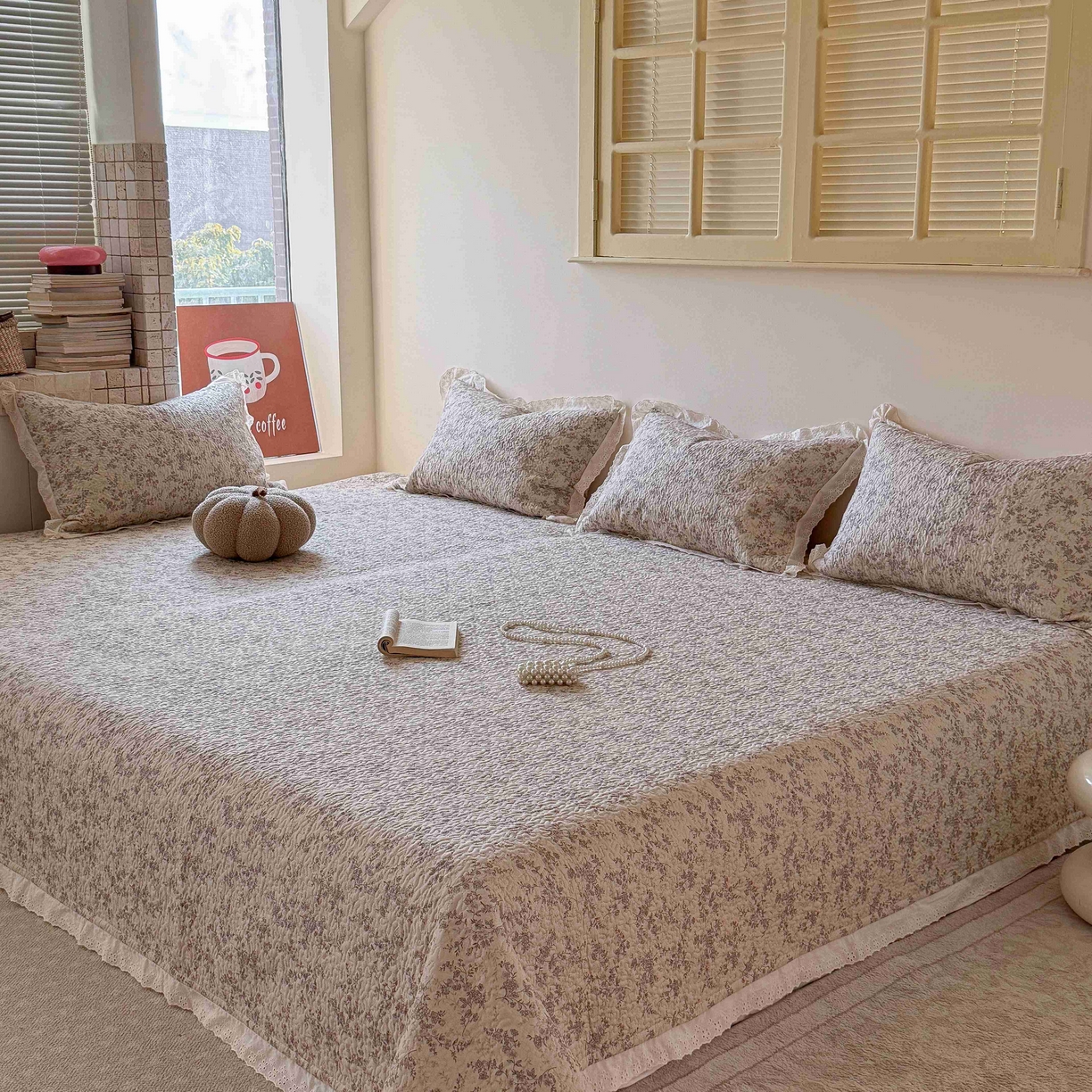 乐野家居 2026新款支持定制法式花边纯棉榻榻米三件套全棉有氧双层纱床盖三件套四季通用 伯爵茶歇