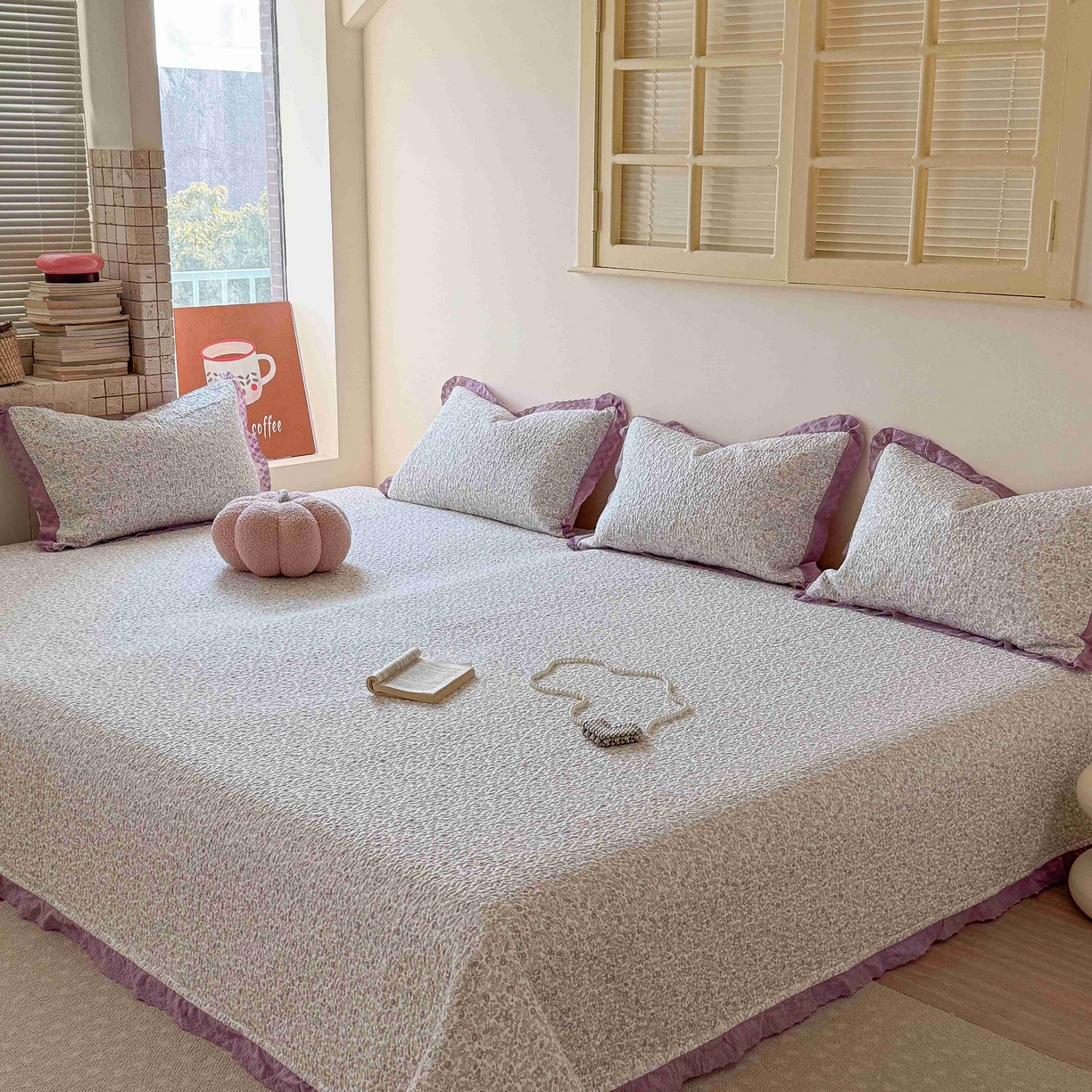 乐野家居 2026新款支持定制法式花边纯棉榻榻米三件套全棉有氧双层纱床盖三件套四季通用 紫萝织梦