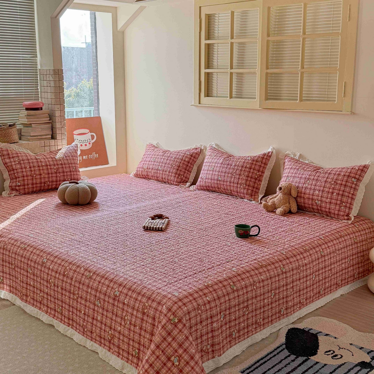 乐野家居 2026新款支持定制法式花边纯棉榻榻米三件套全棉有氧双层纱床盖三件套四季通用 红格摇摇马