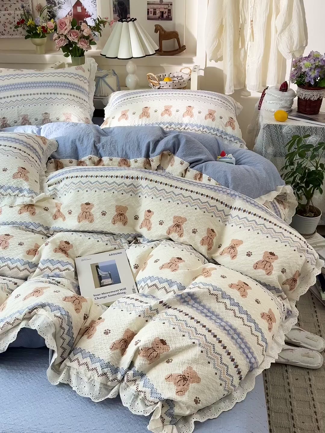 91家纺网 家纺一手货源 找家纺 一比一家纺 2026新款泡芙纱花边四件套 萌趣小熊