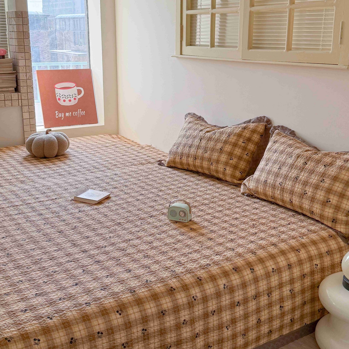 91家纺网 家纺一手货源 找家纺 乐野家居 2026新款支持定制法式花边纯棉榻榻米三件套全棉有氧双层纱床盖三件套四季通用 焦糖樱桃