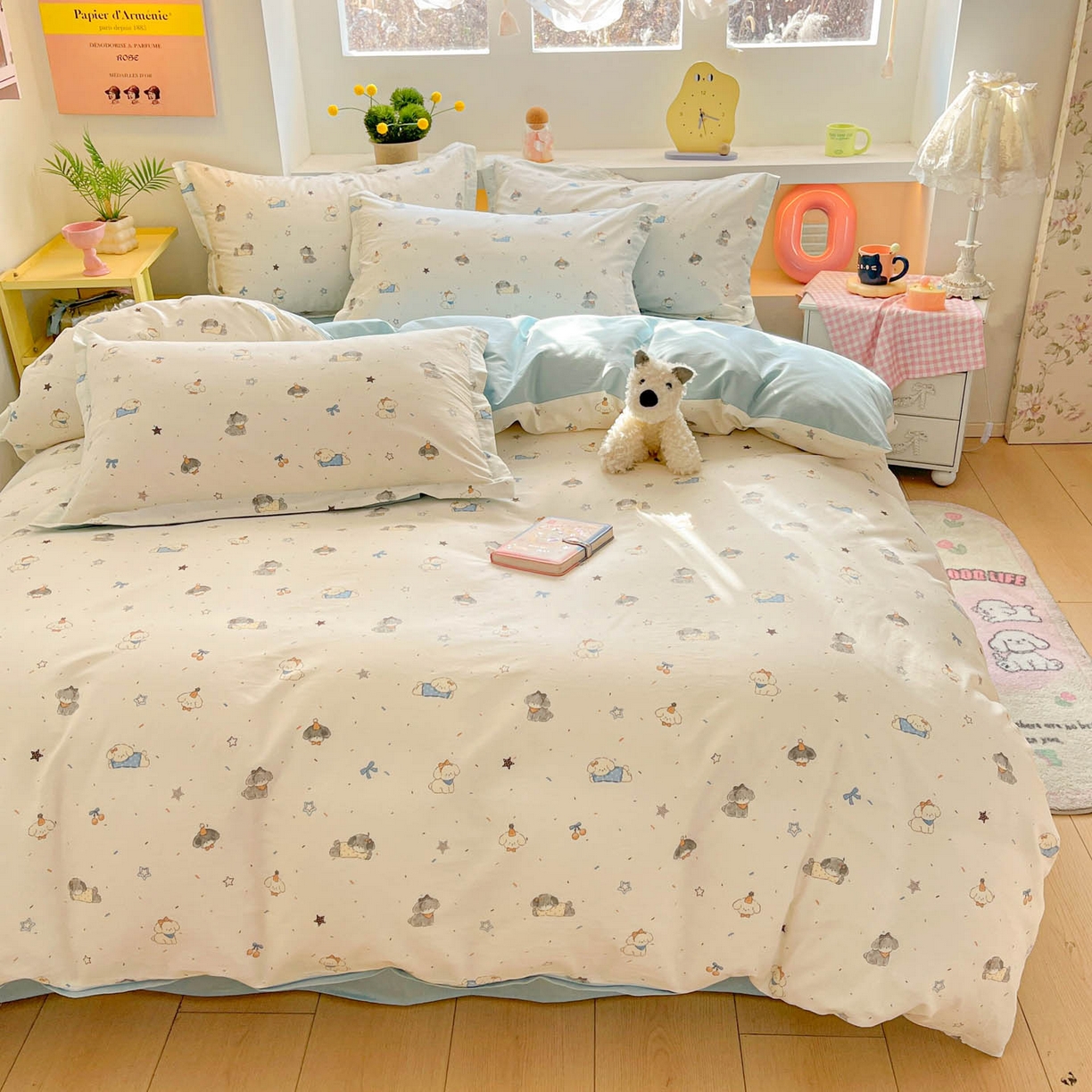 91家纺网 家纺一手货源 找家纺 涵宸家纺 2026新款全棉印花小清新四件套 星耀小狗