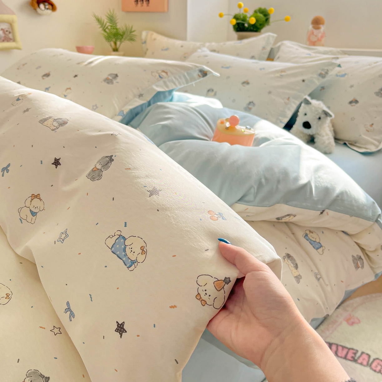 91家纺网 家纺一手货源 找家纺 涵宸家纺 2026新款全棉印花小清新四件套 星耀小狗