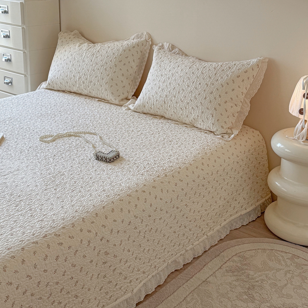 91家纺网 家纺一手货源 找家纺 乐野家居 2026新款印花全棉有氧双层纱床盖三件套 白桃乌龙