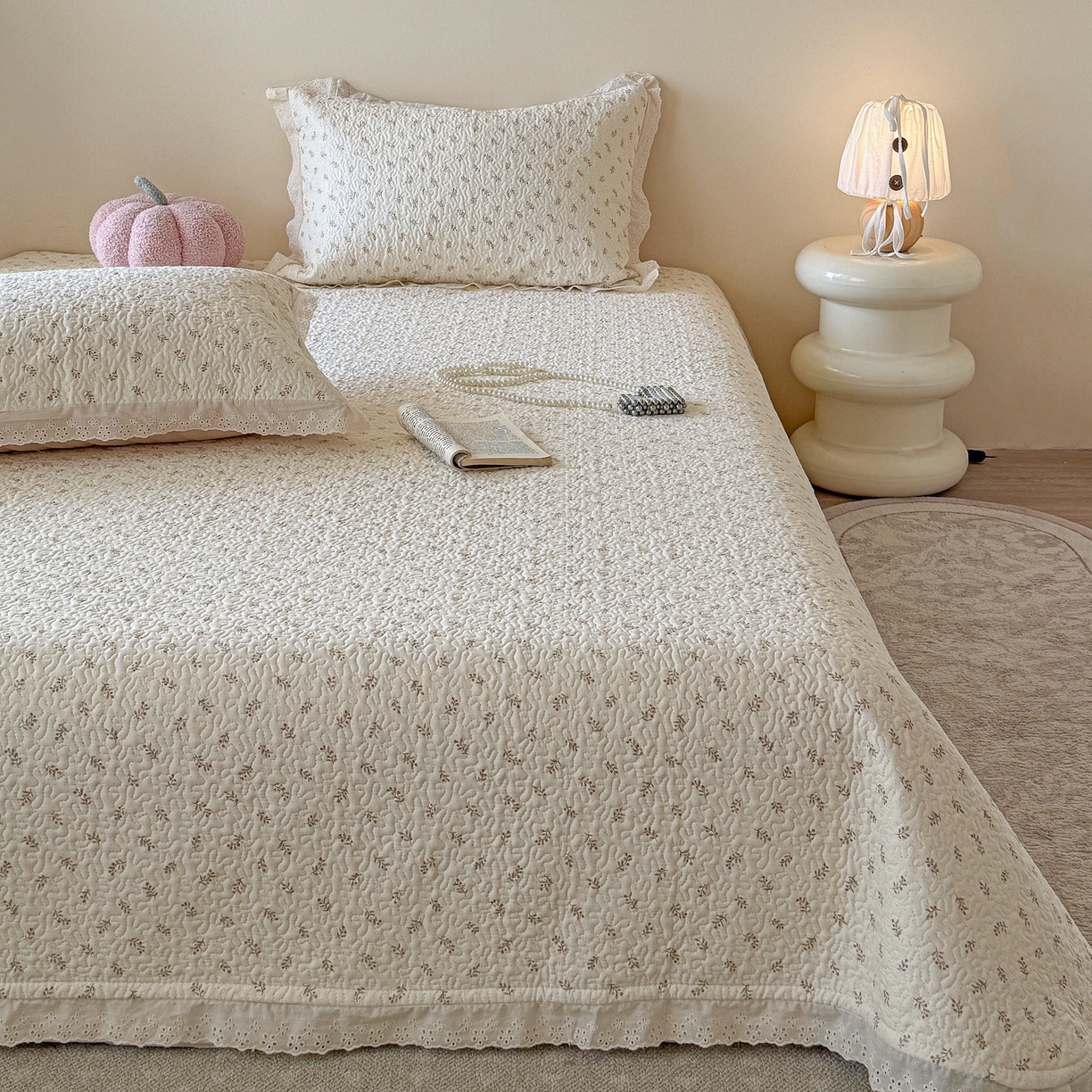 91家纺网 家纺一手货源 找家纺 乐野家居 2026新款印花全棉有氧双层纱床盖三件套 白桃乌龙