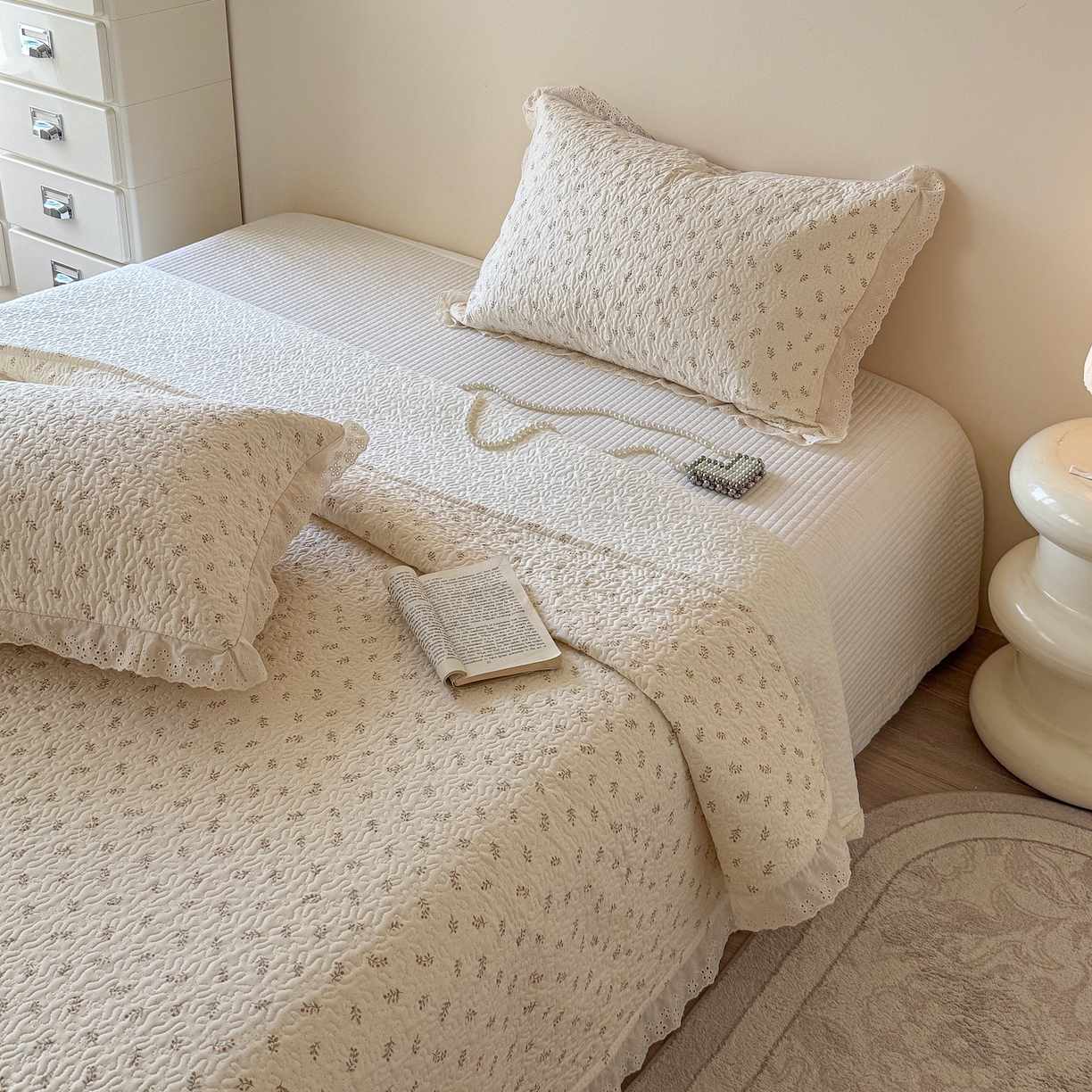 91家纺网 家纺一手货源 找家纺 乐野家居 2026新款印花全棉有氧双层纱床盖三件套 白桃乌龙