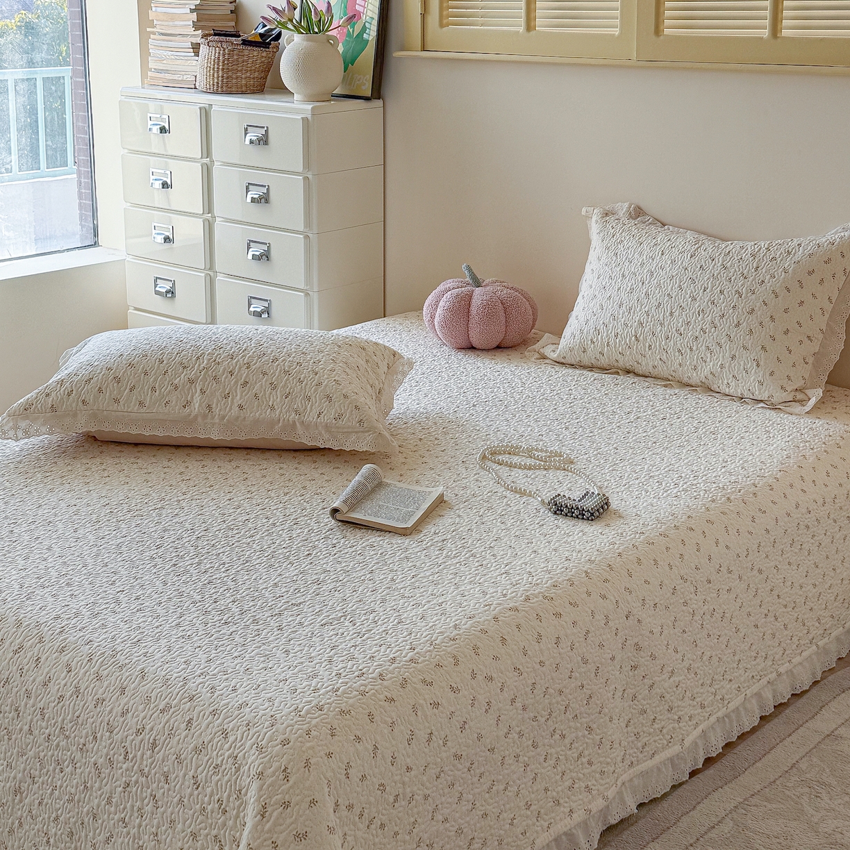 91家纺网 家纺一手货源 找家纺 乐野家居 2026新款印花全棉有氧双层纱床盖三件套 白桃乌龙