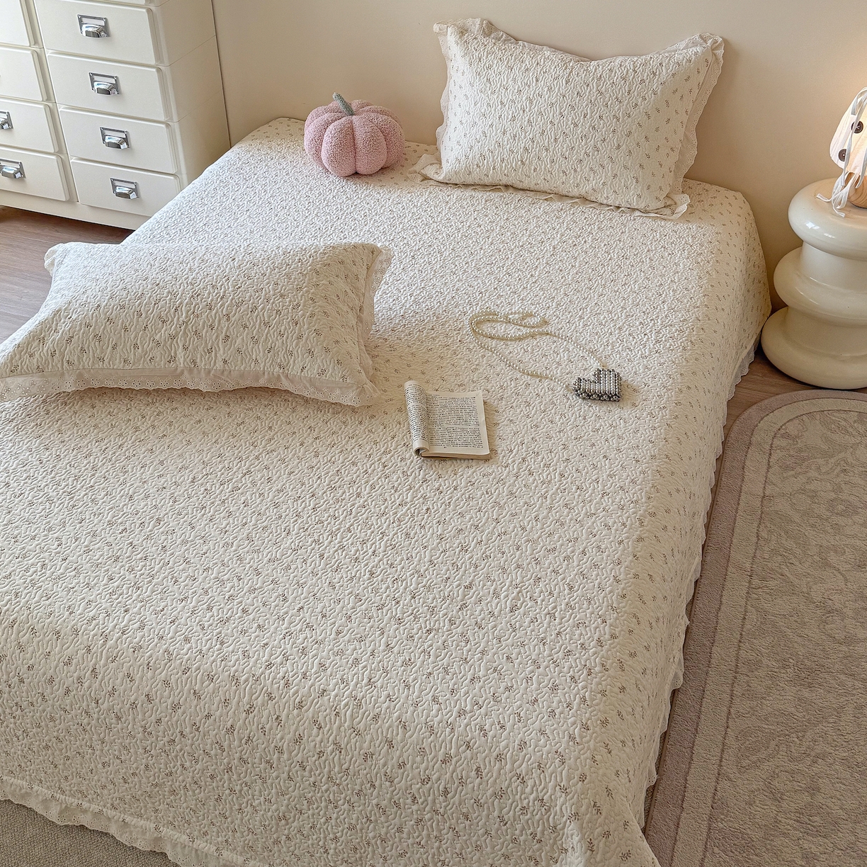 91家纺网 家纺一手货源 找家纺 乐野家居 2026新款印花全棉有氧双层纱床盖三件套 白桃乌龙