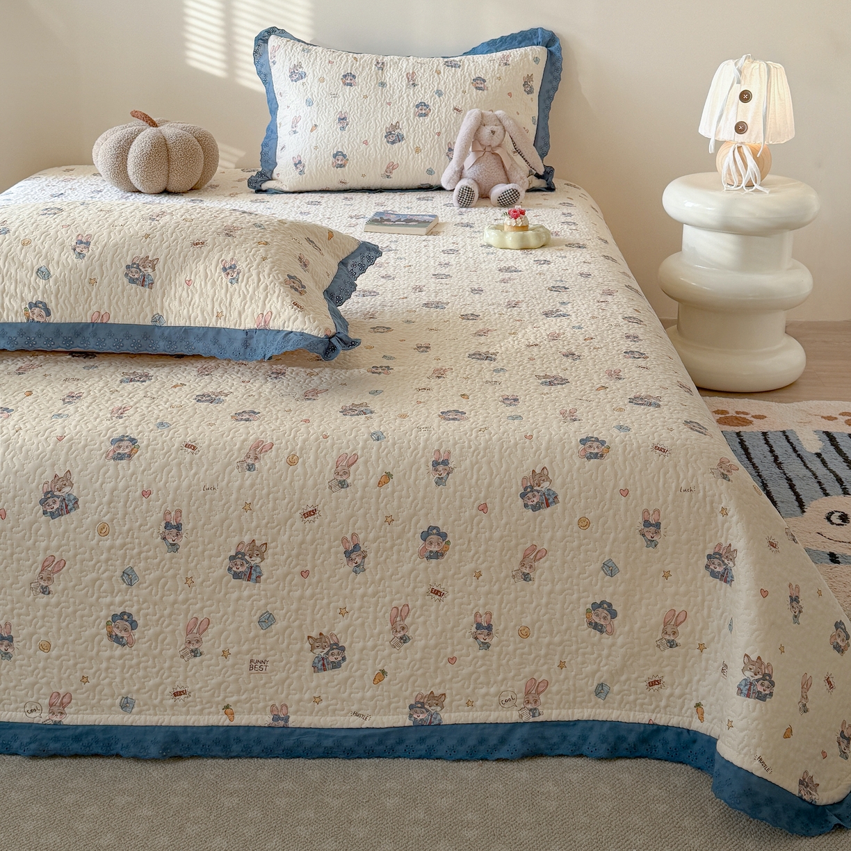 91家纺网 家纺一手货源 找家纺 乐野家居 2026新款印花全棉有氧双层纱床盖三件套 快乐动物城