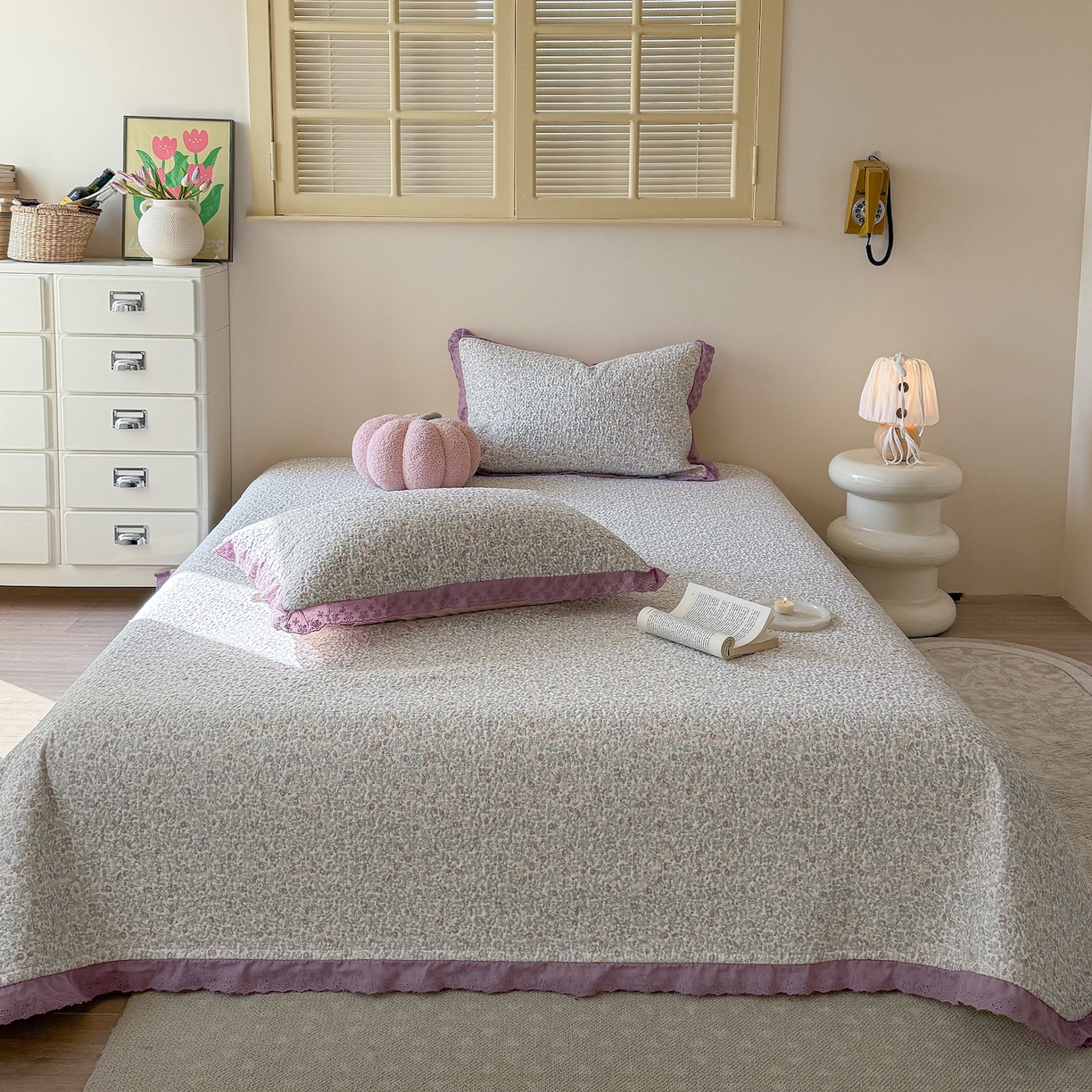 乐野家居 2026新款印花全棉有氧双层纱床盖三件套 紫萝织梦