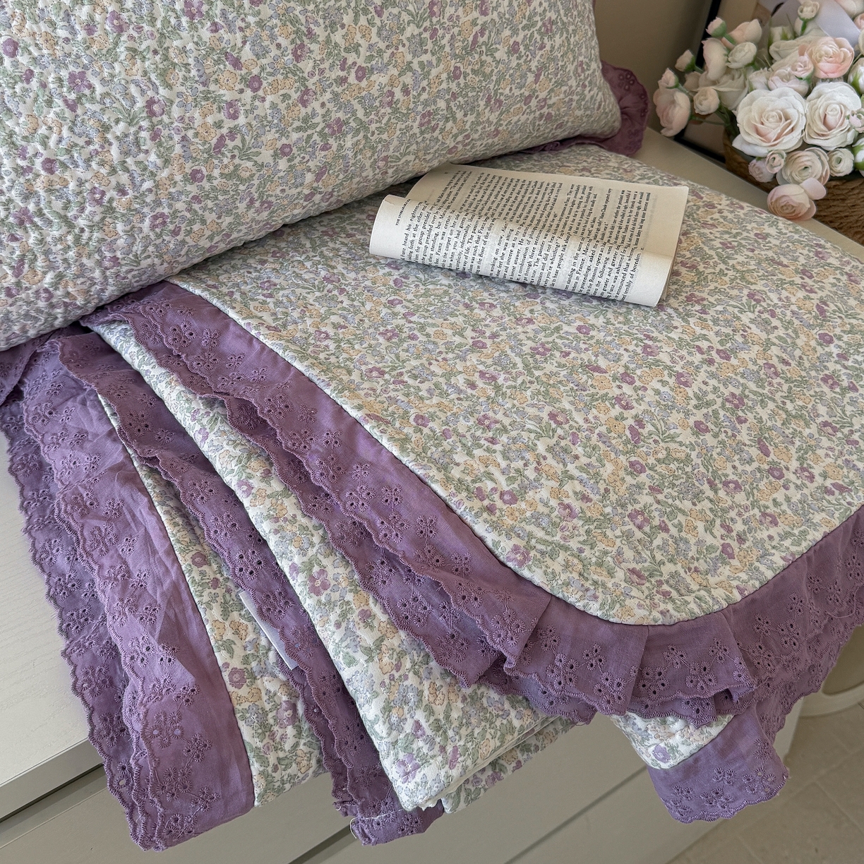 91家纺网 家纺一手货源 找家纺 乐野家居 2026新款印花全棉有氧双层纱床盖三件套 紫萝织梦