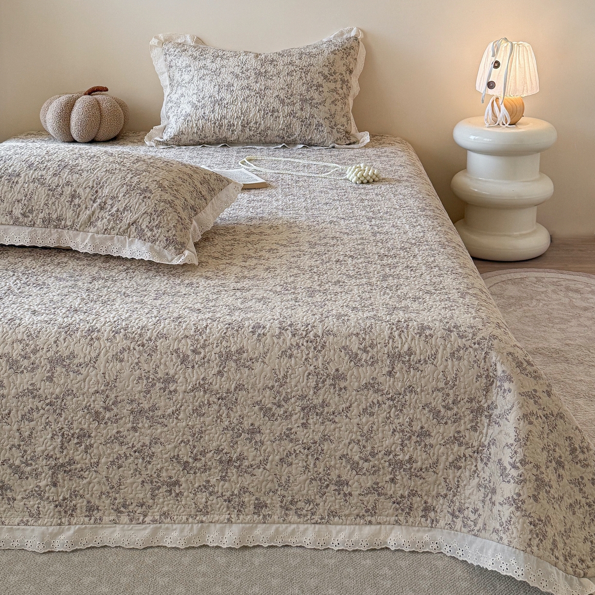 91家纺网 家纺一手货源 找家纺 乐野家居 2026新款印花全棉有氧双层纱床盖三件套 伯爵茶歇