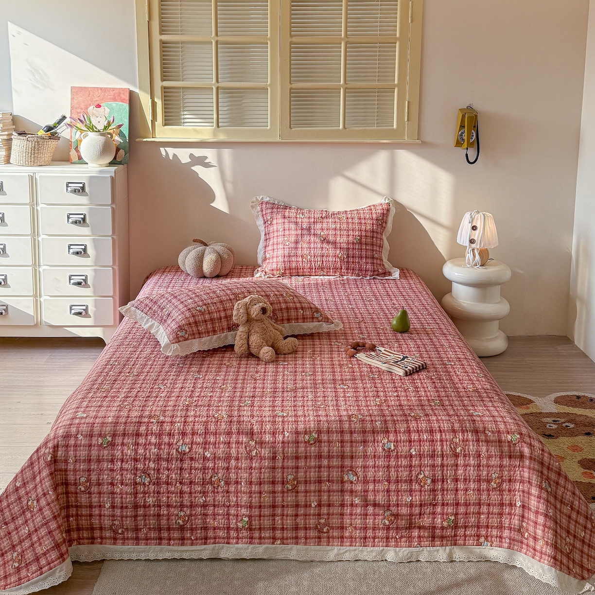 乐野家居 2026新款印花全棉有氧双层纱床盖三件套 红格摇摇马