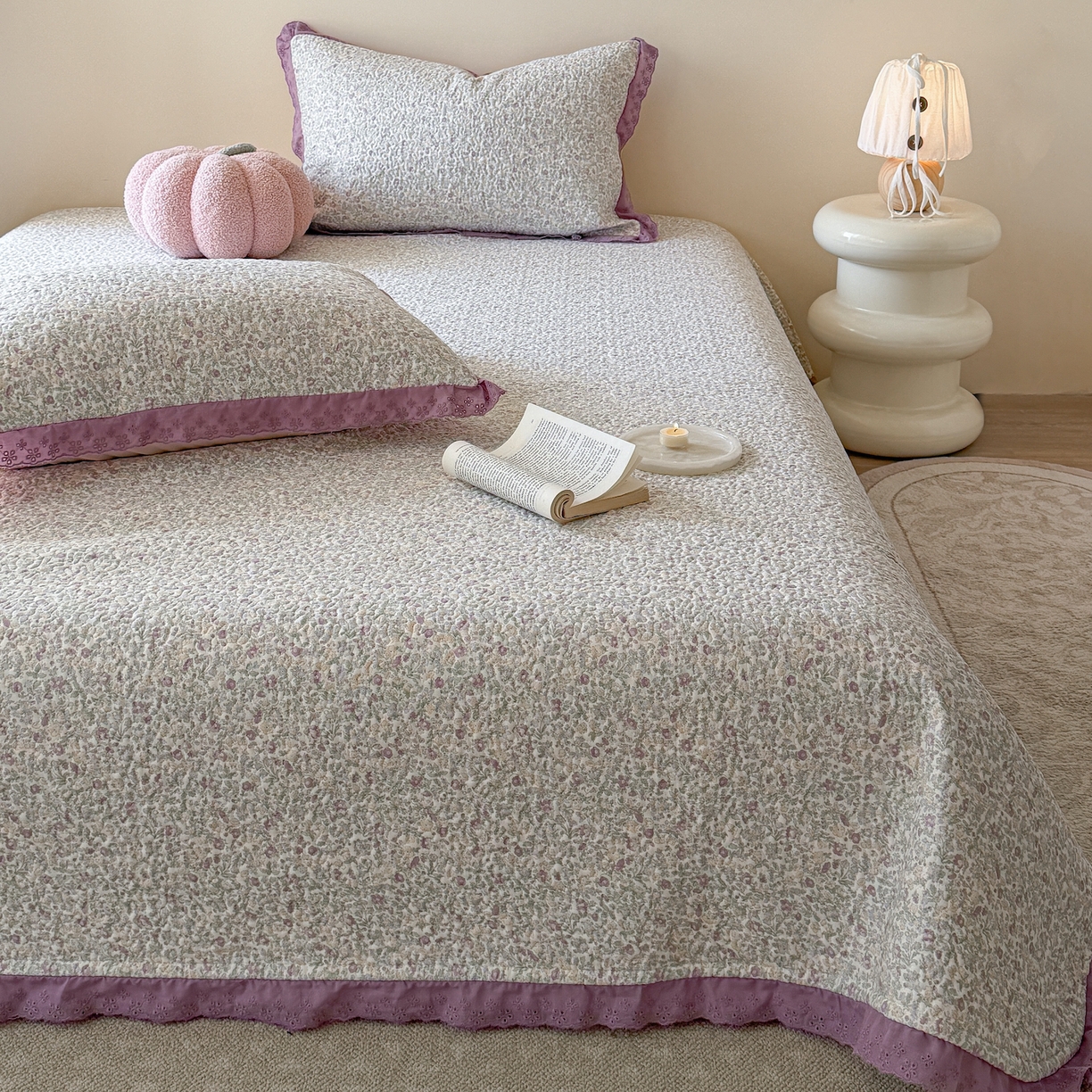 91家纺网 家纺一手货源 找家纺 乐野家居 2026新款印花全棉有氧双层纱床盖三件套 紫萝织梦