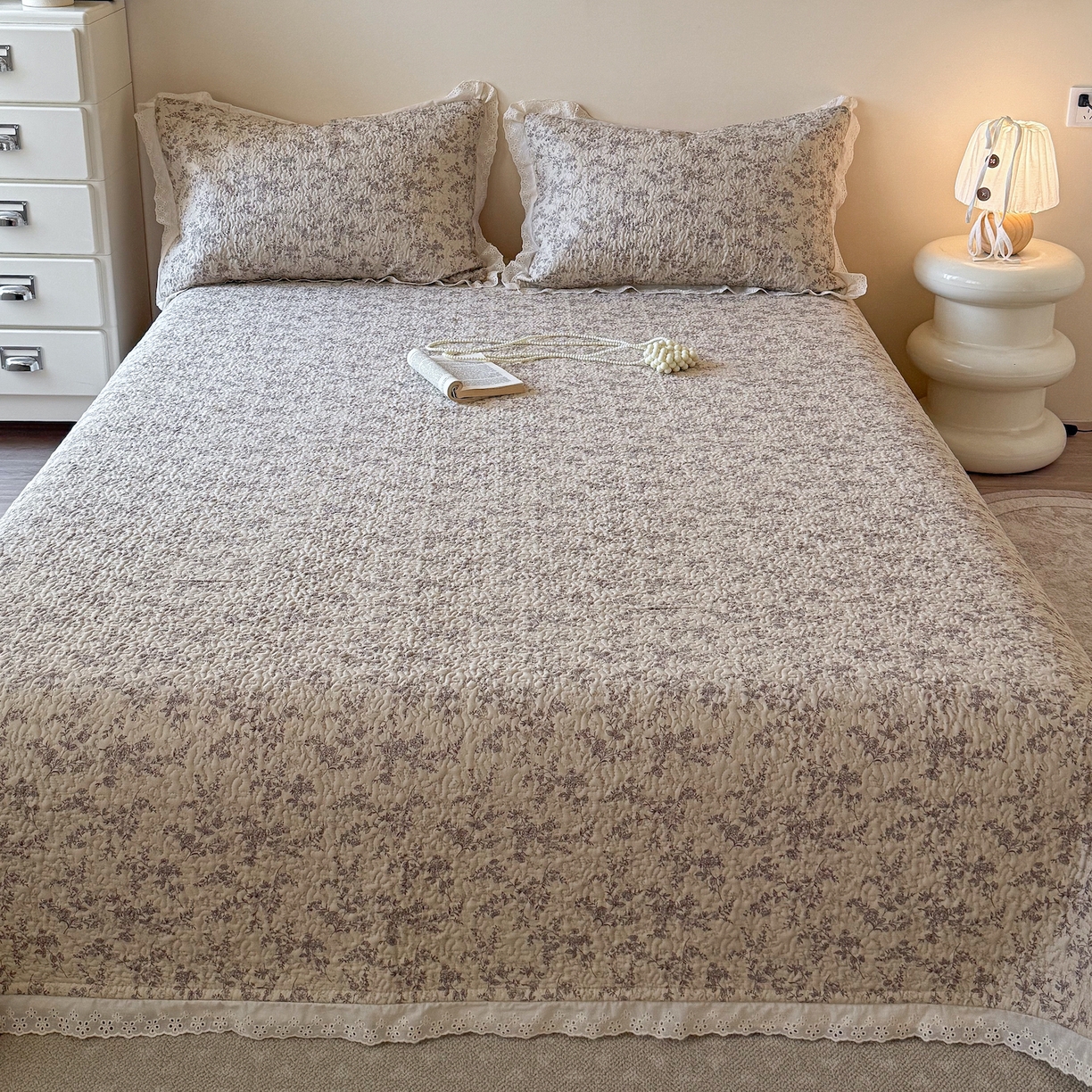 91家纺网 家纺一手货源 找家纺 乐野家居 2026新款印花全棉有氧双层纱床盖三件套 伯爵茶歇