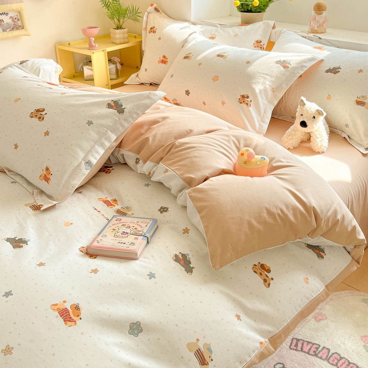 91家纺网 家纺一手货源 找家纺 涵宸家纺 2026新款全棉印花小清新四件套 幸运萌汪