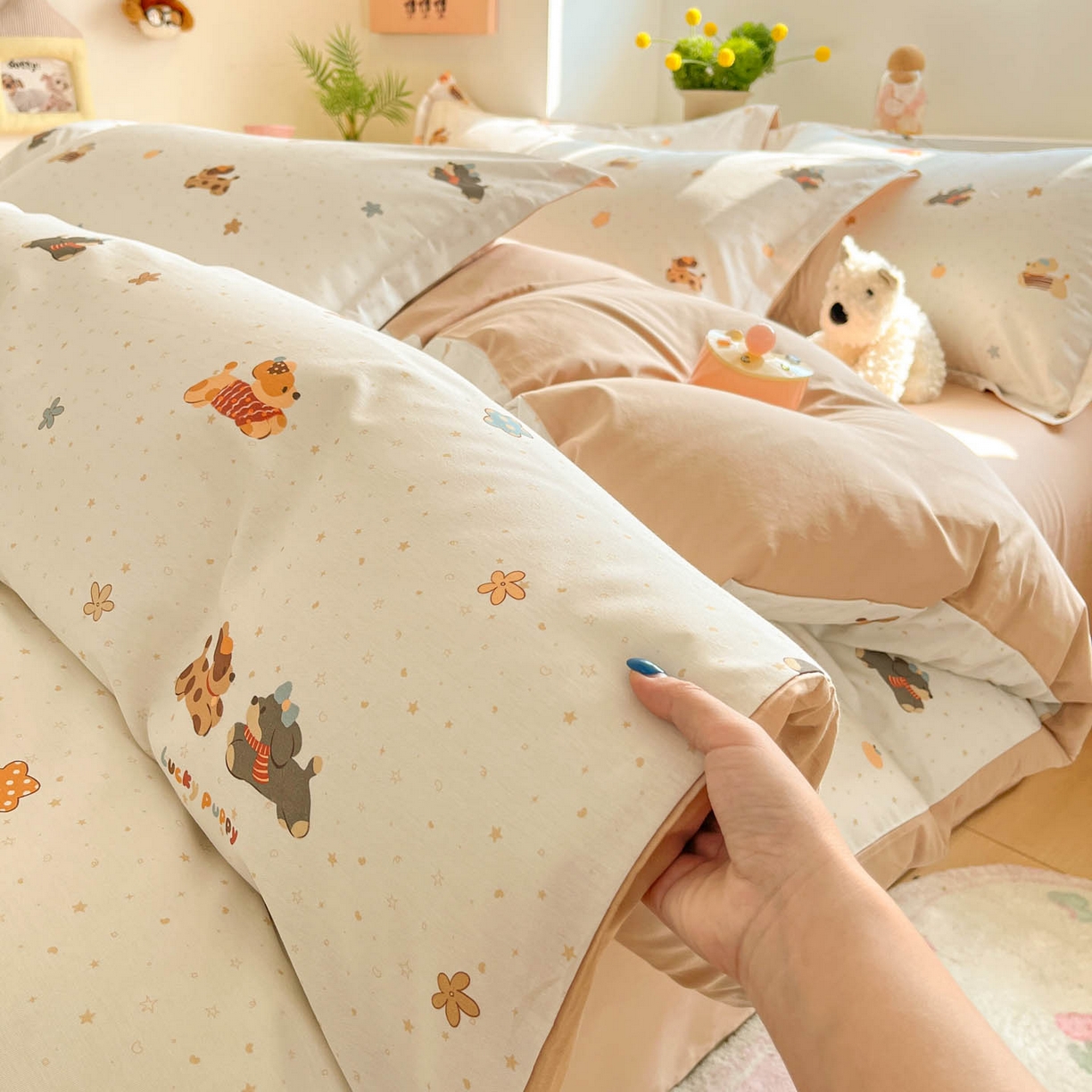 91家纺网 家纺一手货源 找家纺 涵宸家纺 2026新款全棉印花小清新四件套 幸运萌汪