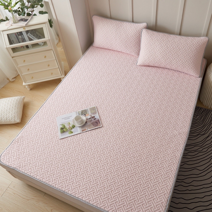 91家纺网 家纺一手货源 找家纺 玖玖爱家纺 2026新款天然乳水洗胶凉感丝凉席三件套 粉