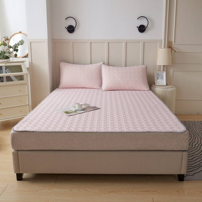 91家纺网 家纺一手货源 找家纺 玖玖爱家纺 2026新款天然乳水洗胶凉感丝凉席三件套 粉