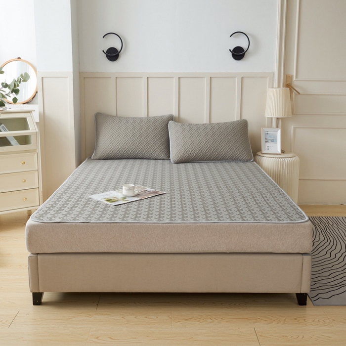 91家纺网 家纺一手货源 找家纺 玖玖爱家纺 2026新款天然乳水洗胶凉感丝凉席三件套 灰