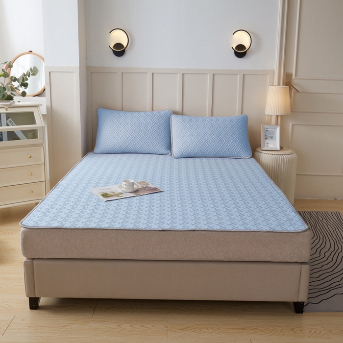 91家纺网 家纺一手货源 找家纺 玖玖爱家纺 2026新款天然乳水洗胶凉感丝凉席三件套 蓝