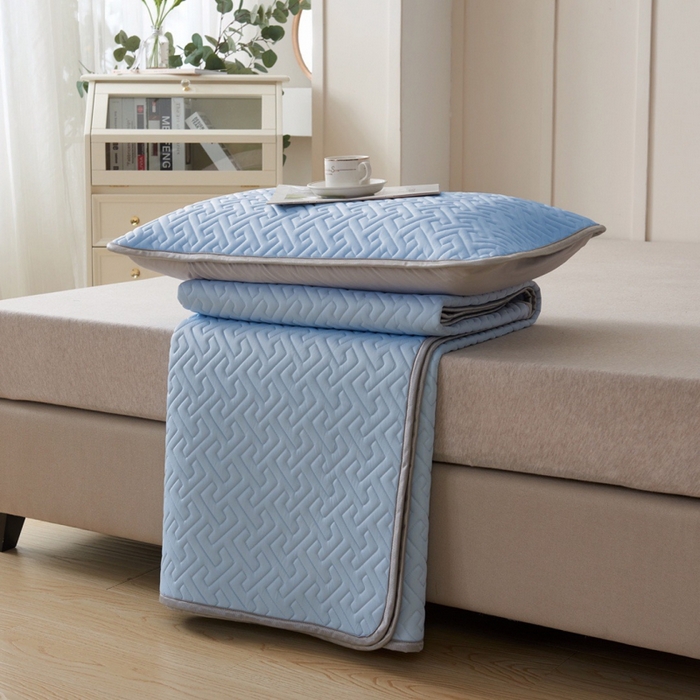 91家纺网 家纺一手货源 找家纺 玖玖爱家纺 2026新款天然乳水洗胶凉感丝凉席三件套 蓝