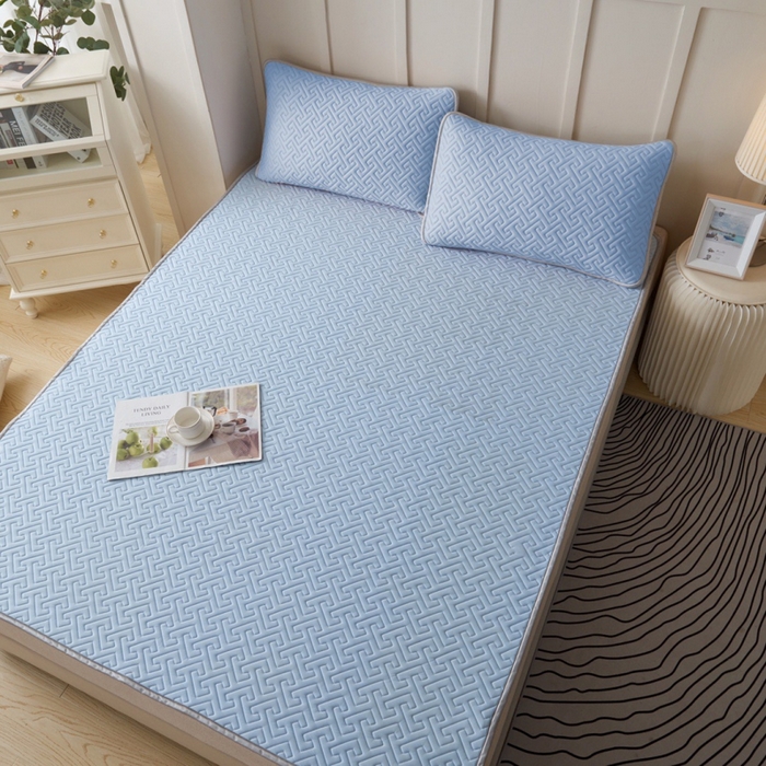 91家纺网 家纺一手货源 找家纺 玖玖爱家纺 2026新款天然乳水洗胶凉感丝凉席三件套 蓝