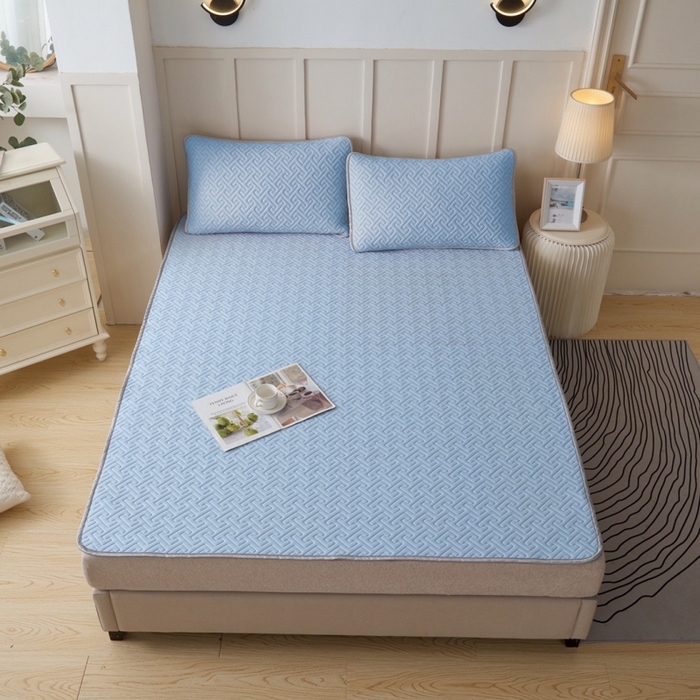 91家纺网 家纺一手货源 找家纺 玖玖爱家纺 2026新款天然乳水洗胶凉感丝凉席三件套 蓝