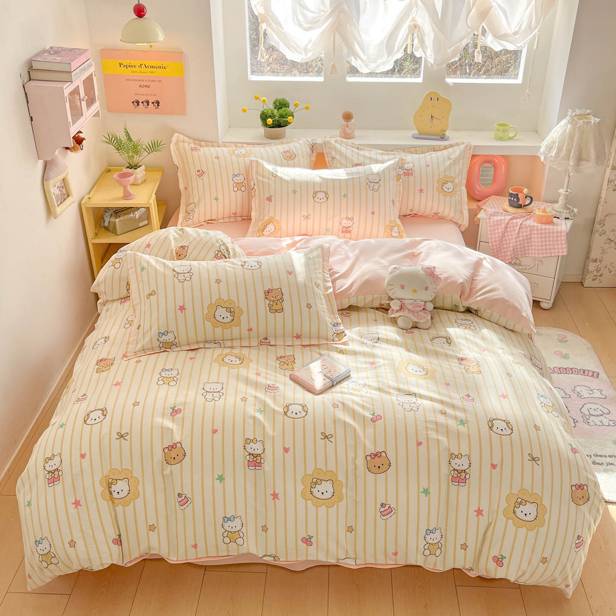 91家纺网 家纺一手货源 找家纺 涵宸家纺 2026新款全棉印花小清新四件套 愉快小猫-黄