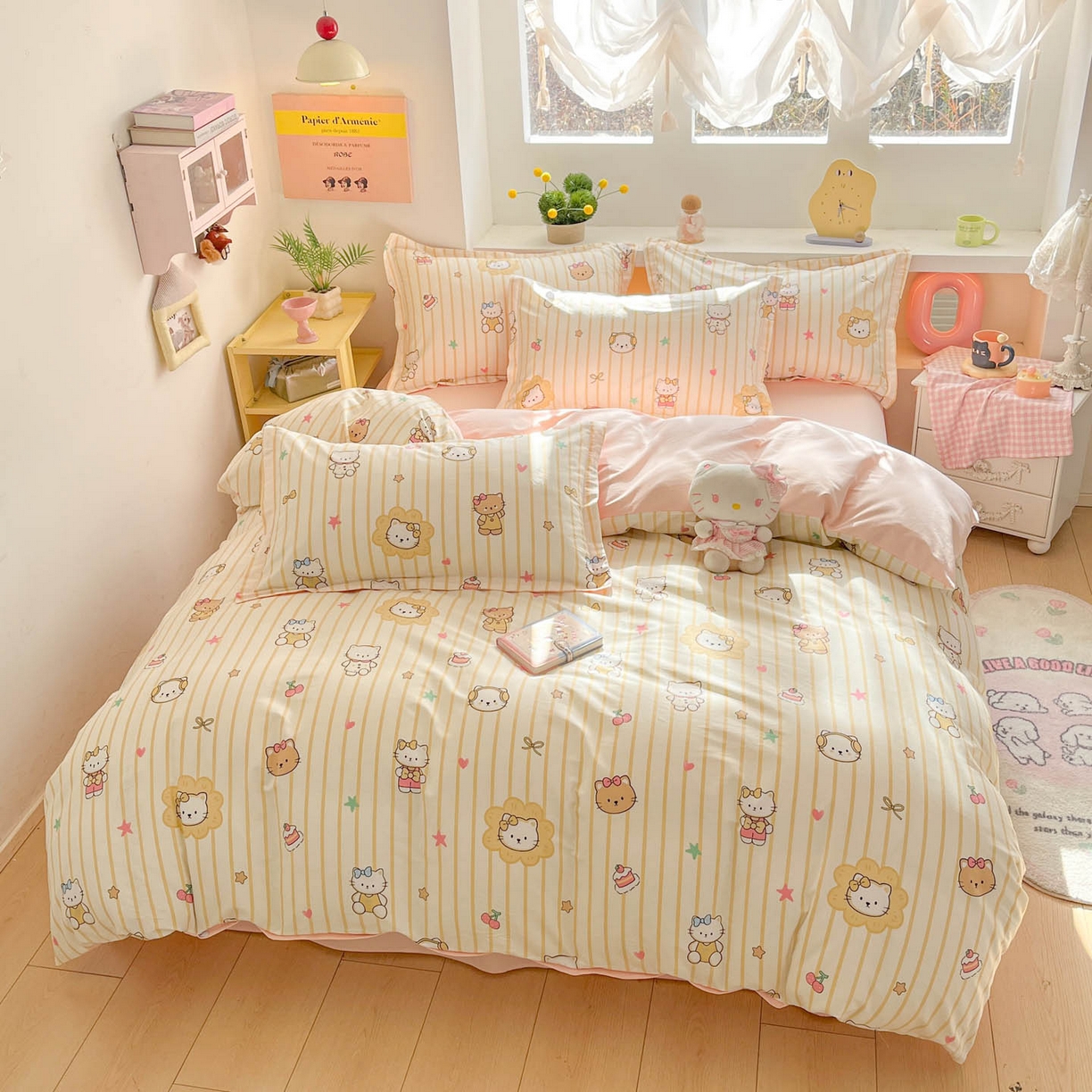 91家纺网 家纺一手货源 找家纺 涵宸家纺 2026新款全棉印花小清新四件套 愉快小猫-黄