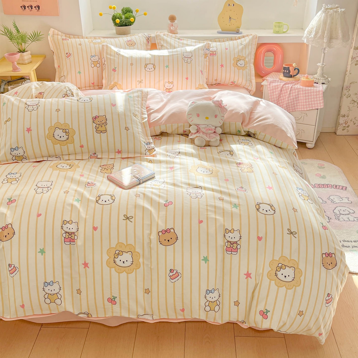 91家纺网 家纺一手货源 找家纺 涵宸家纺 2026新款全棉印花小清新四件套 愉快小猫-黄