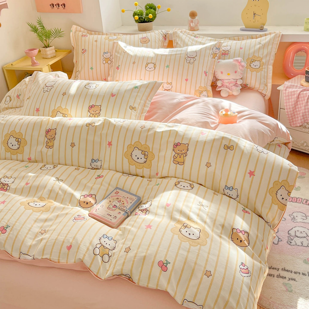 91家纺网 家纺一手货源 找家纺 涵宸家纺 2026新款全棉印花小清新四件套 愉快小猫-黄