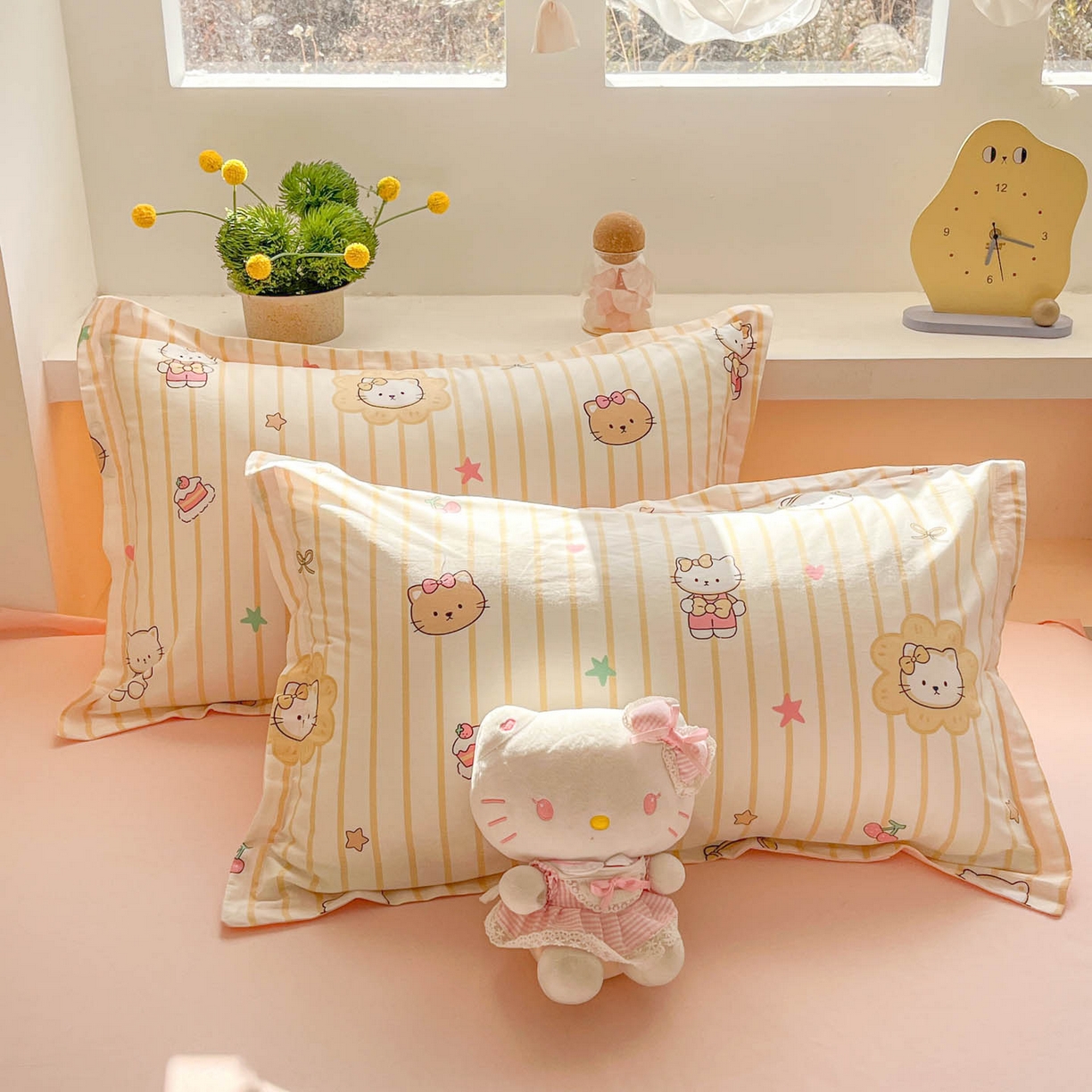 91家纺网 家纺一手货源 找家纺 涵宸家纺 2026新款全棉印花小清新四件套 愉快小猫-黄