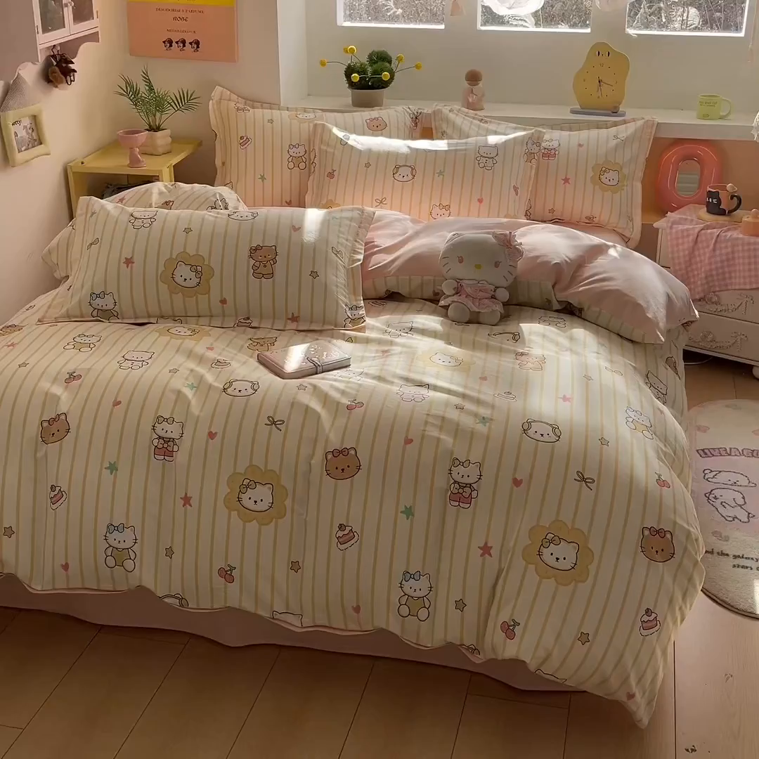 91家纺网 家纺一手货源 找家纺 涵宸家纺 2026新款全棉印花小清新四件套 愉快小猫-黄