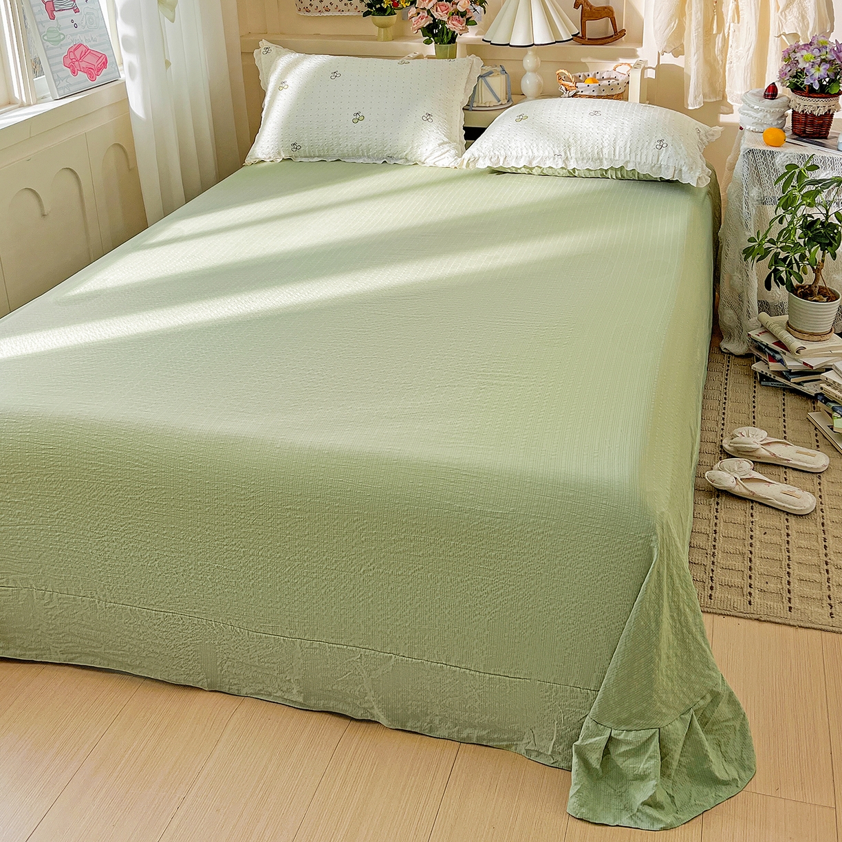 91家纺网 家纺一手货源 找家纺 一比一家纺 2026新款泡芙纱花边四件套 青梅酱