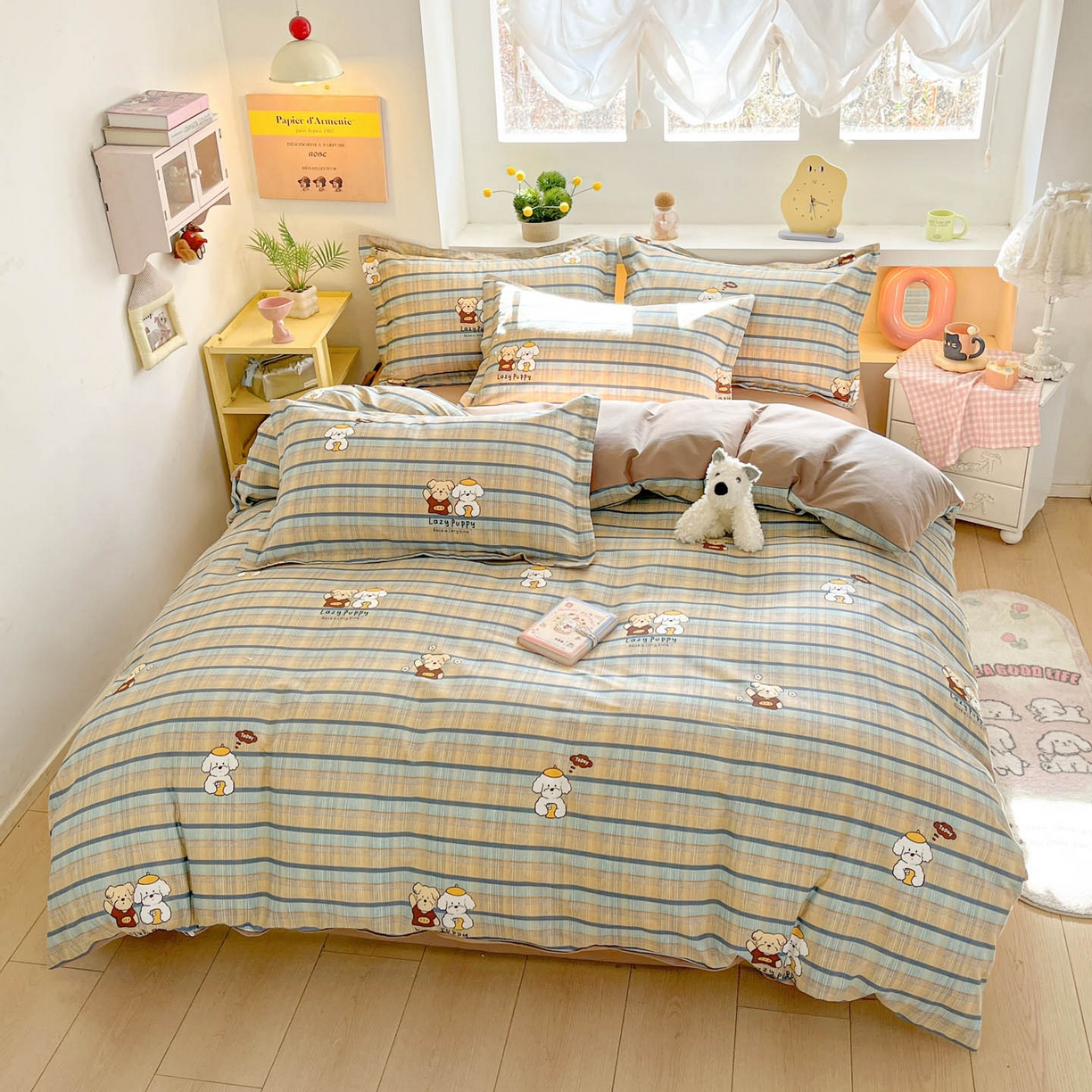 91家纺网 家纺一手货源 找家纺 涵宸家纺 2026新款全棉印花小清新四件套 自拍小狗