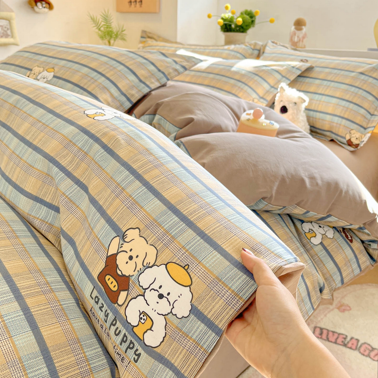 91家纺网 家纺一手货源 找家纺 涵宸家纺 2026新款全棉印花小清新四件套 自拍小狗